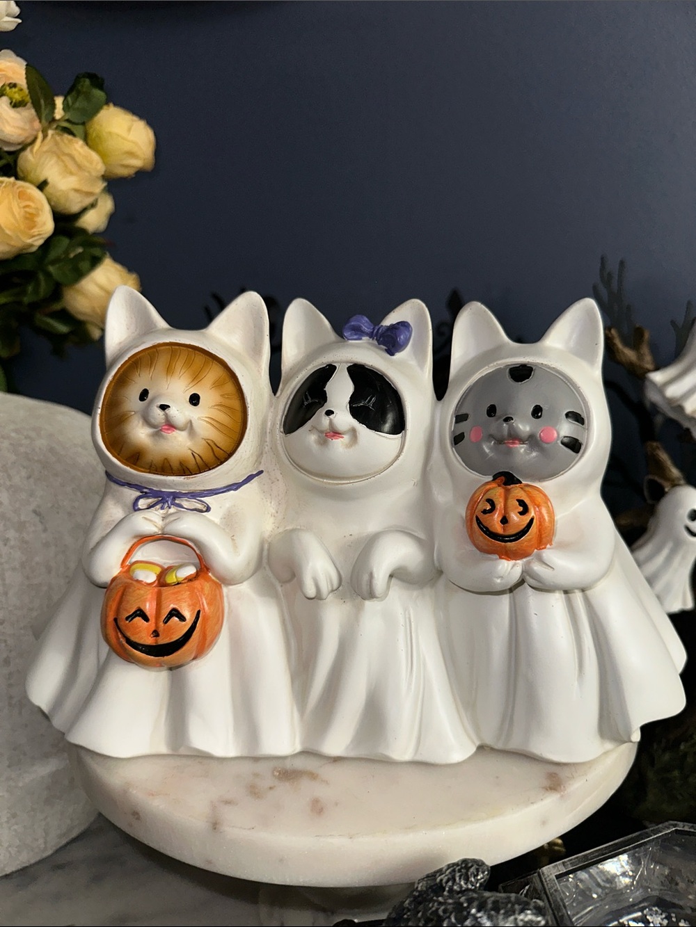 Ceramic Ghost Cat Trio Halloween Figurine - White with Orange Pumpkins